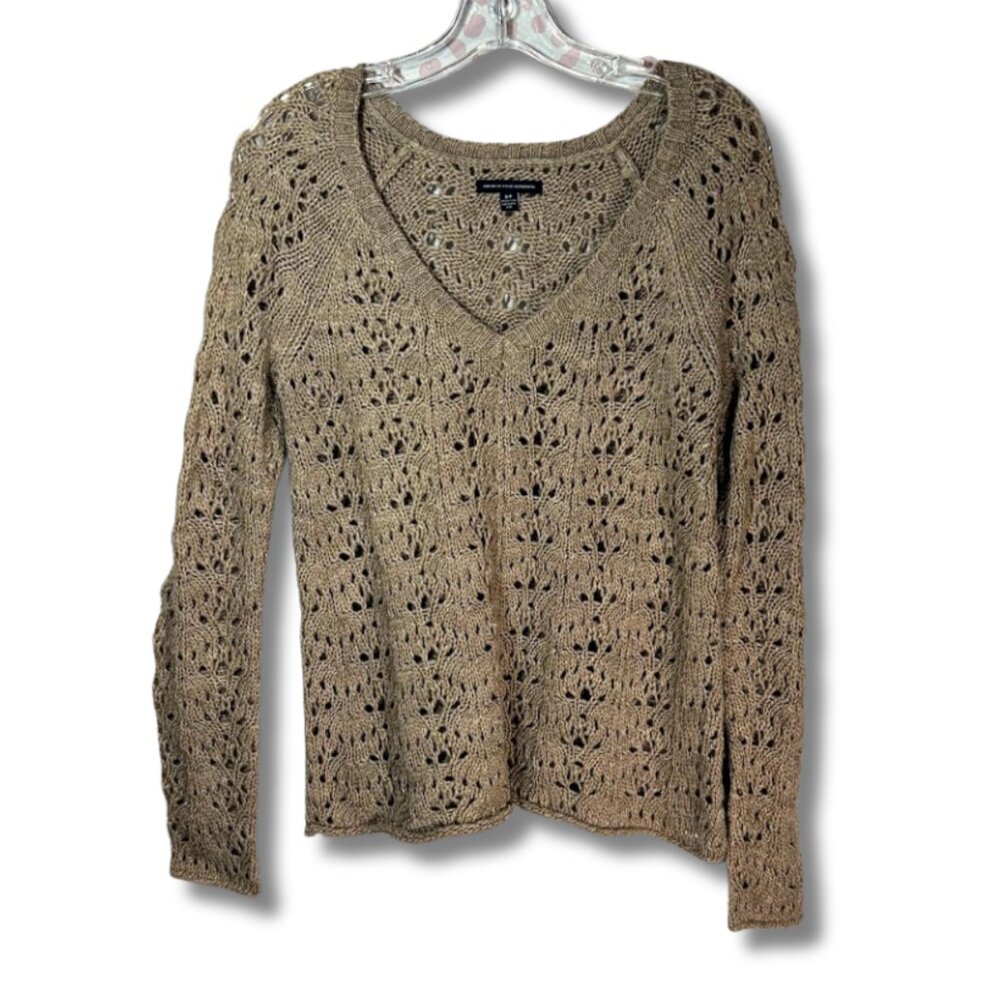 American Eagle Tan Pointelle Open Knit Wool Blend Sweater S Fishermen Beachy‎